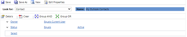 Capture d’écran montrant le filtre Mes contacts Outlook où le propriétaire est égal à l’utilisateur actuel et le statut est égal à Actif.