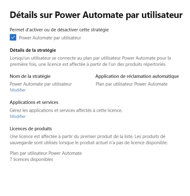 Capture d’écran de la configuration de la stratégie de revendication automatique pour Power Automate.