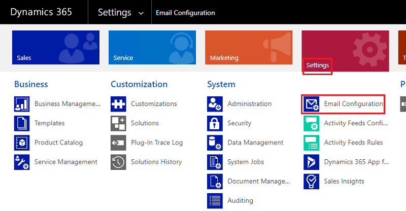 Dans la version locale, sélectionnez Paramètres > Configuration de la messagerie.