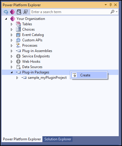 Dans l'explorateur de Power Platform, sélectionnez Packages de plug-ins, puis sélectionnez Créer dans le menu contextuel.