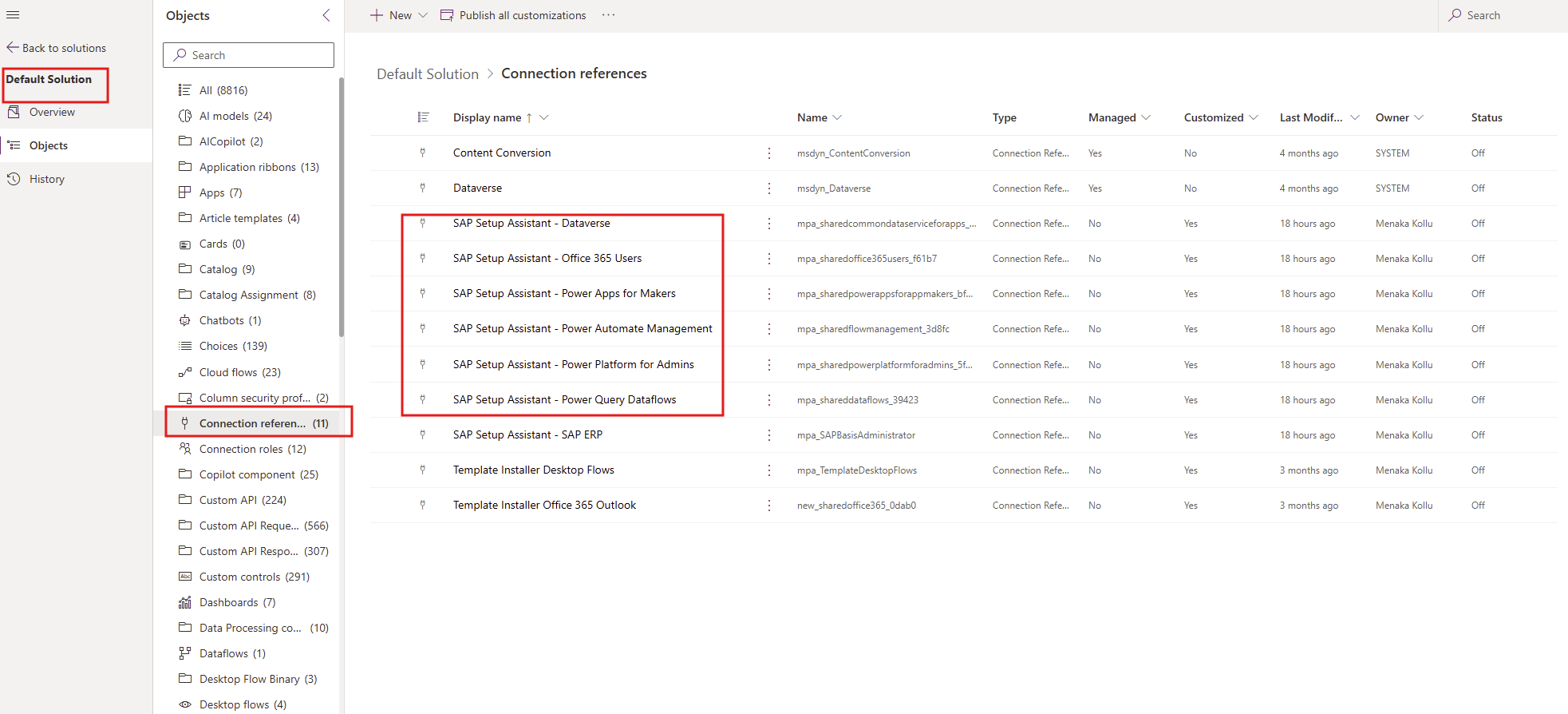 Image de la liste des références de connexion de la configuration SAP Assistant.