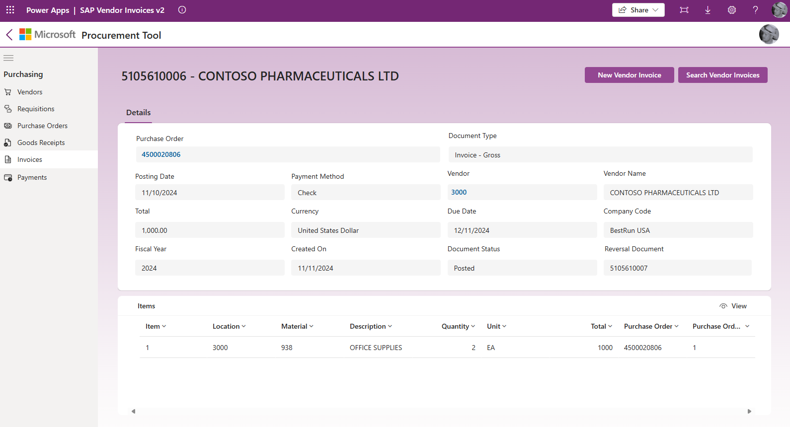 Capture d’écran de l’application de commande fournisseur Approvisionnement SAP de Microsoft pour Power Platform.