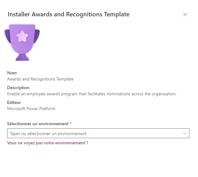 Capture d’écran de la fenêtre de dialogue modale dans laquelle vous sélectionnez l’environnement que vous avez configuré pour le modèle.