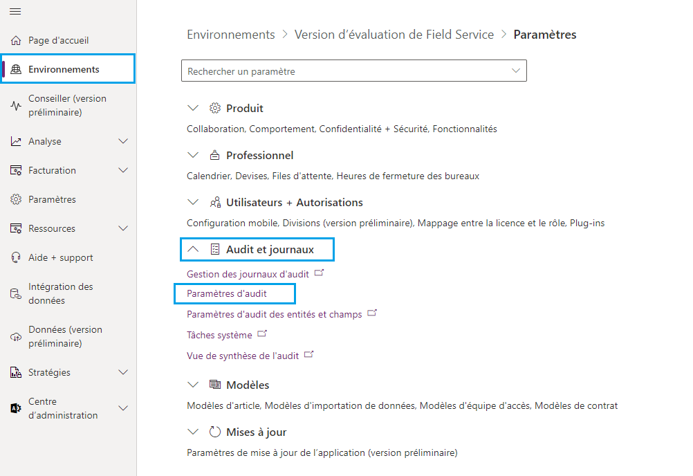 Sélectionner l’onglet Environnement et sélectionner Paramètres d’audit.