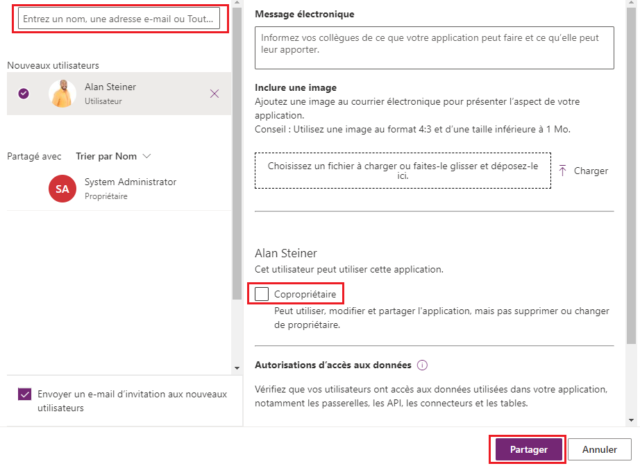 Capture d’écran de la fenêtre dans laquelle vous ajoutez des utilisateurs et des copropriétaires à votre application.