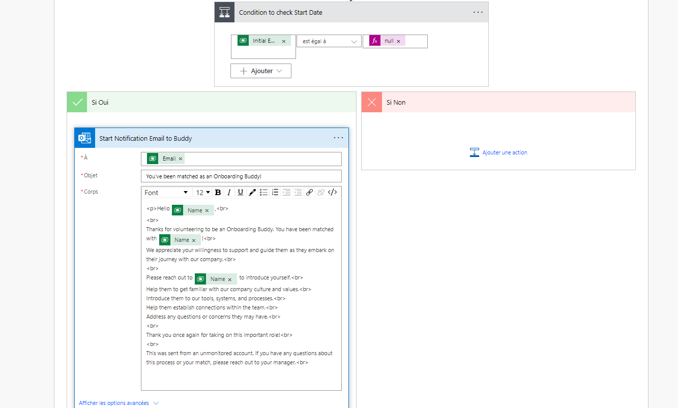 Capture d’écran de la configuration d’un flux pour une communication par e-mail.