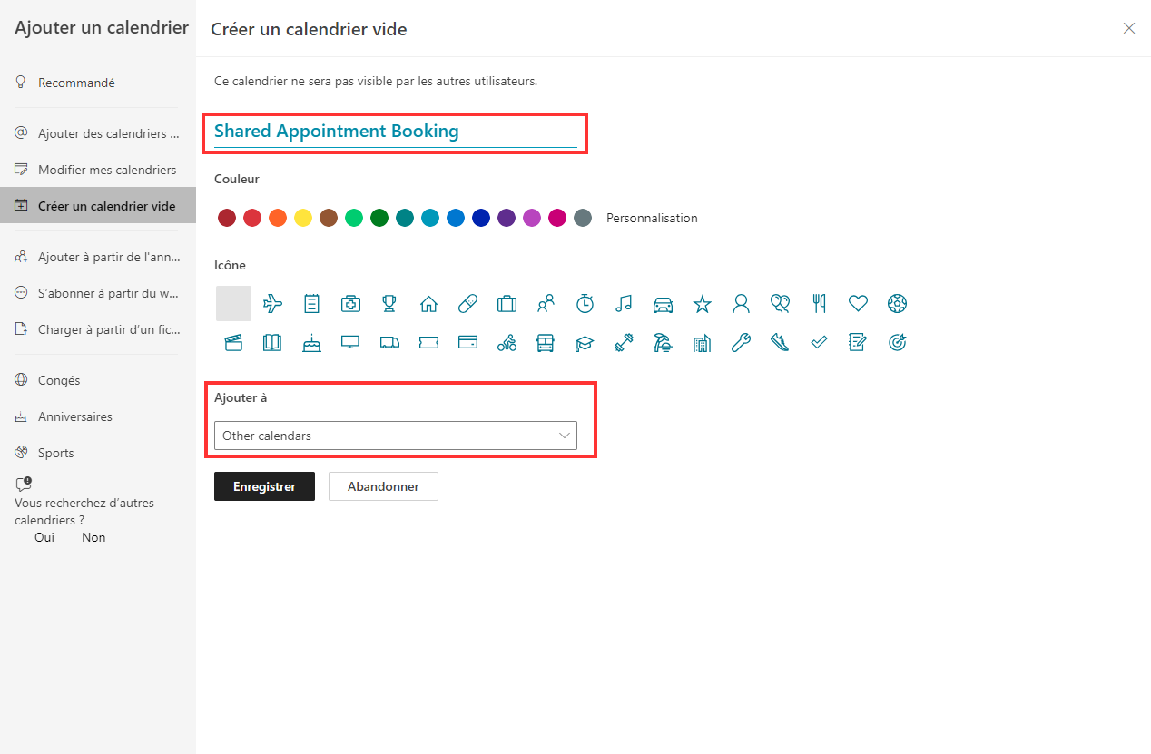 Capture d’écran de la configuration d’un calendrier Outlook partagé pour les prises de rendez-vous.