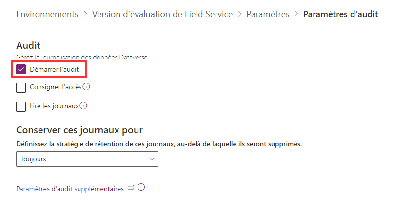 Capture d’écran de l’activation de l’audit dans le centre d’administration de Power Platform.