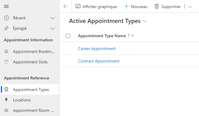 Capture d’écran de la configuration des lieux, types et numéros de salle de rendez-vous dans l’application Administrateur de prise de rendez-vous.