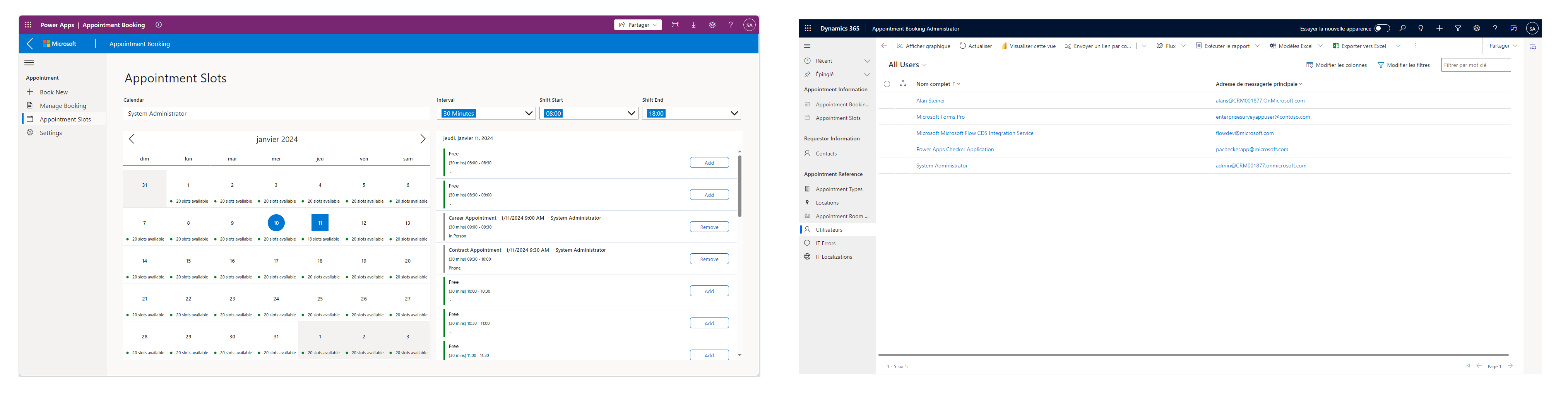 Capture d’écran de l’écran Plage de rendez-vous de l’application canevas Prise de rendez-vous et capture d’écran de l’application pilotée par modèle avec le volet Microsoft Copilot ouvert.