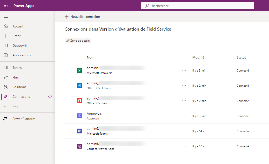 Capture d’écran d’une liste de connecteurs créés pour votre application.