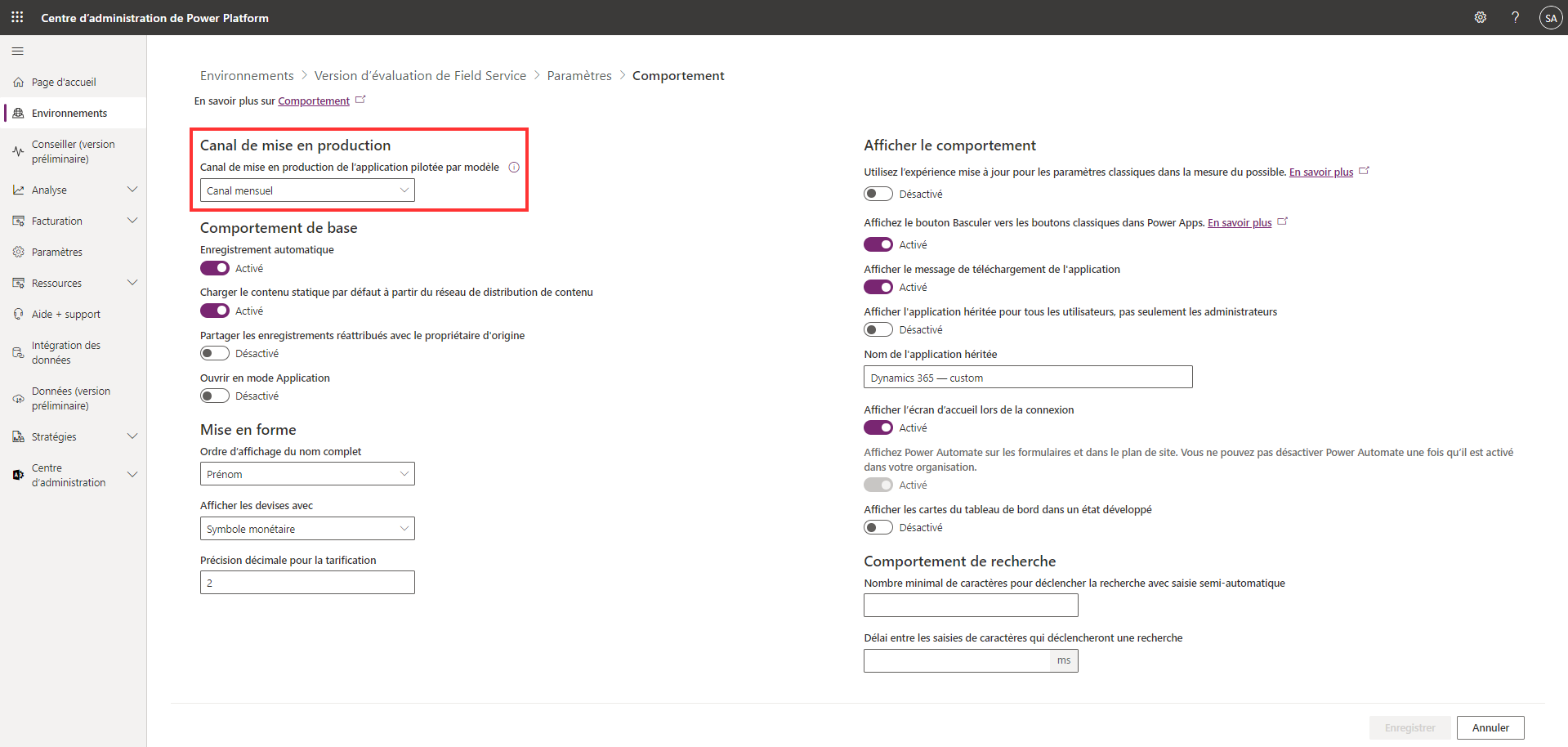 Capture d’écran montrant comment gérer les paramètres de comportement dans le centre d’administration de Power Platform.