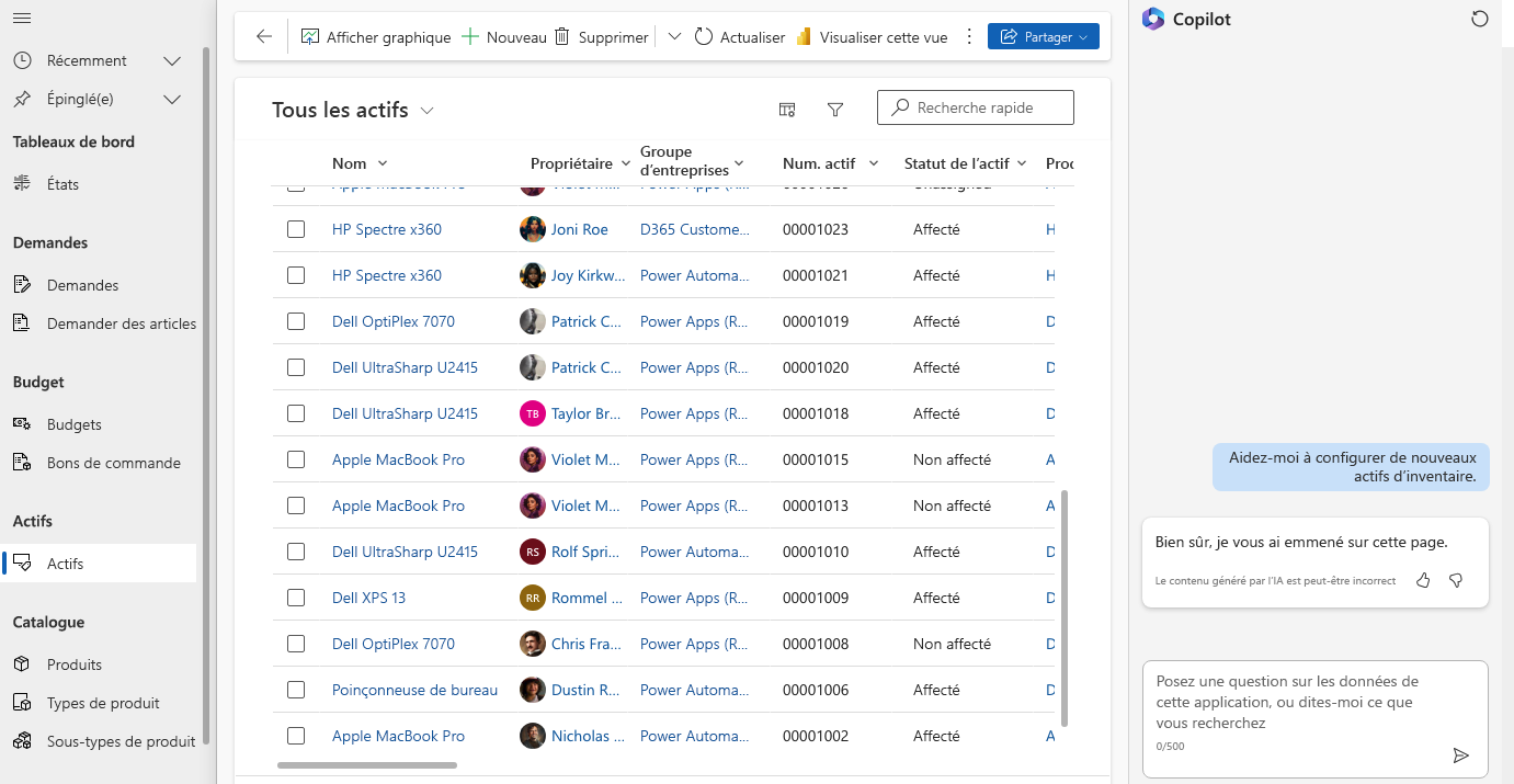 Capture d’écran de Copilot dans l’application Demande et gestion du matériel.