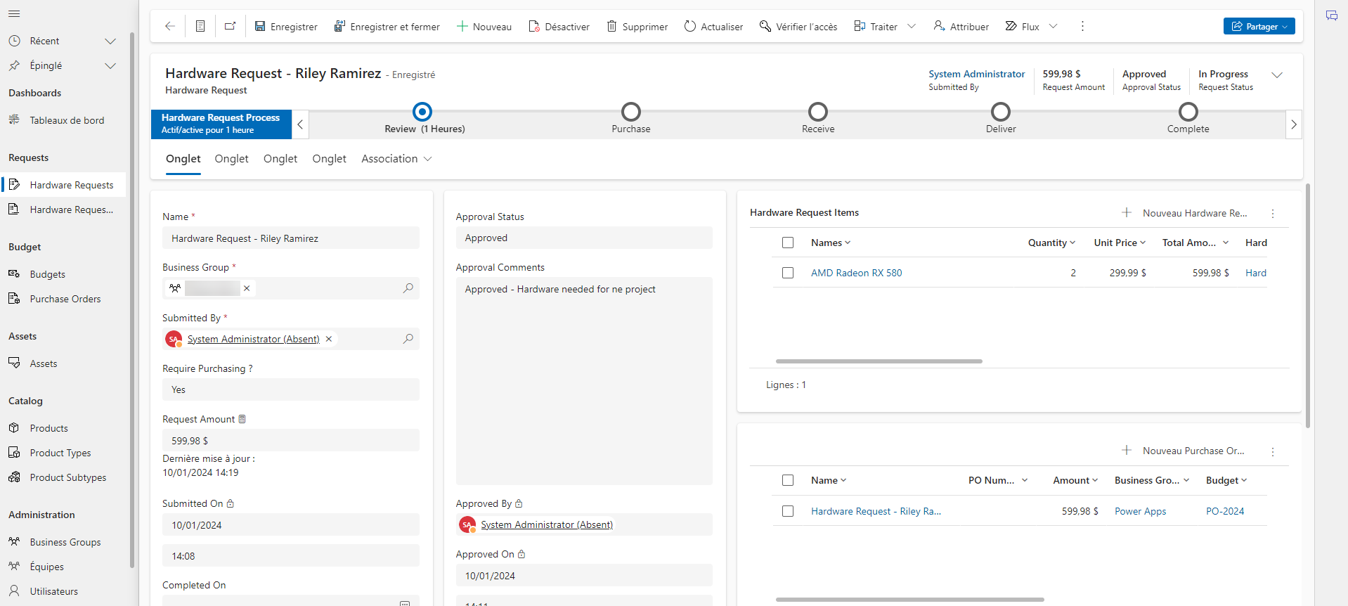 Capture d’écran de l’application pilotée par modèle Gestion du matériel.