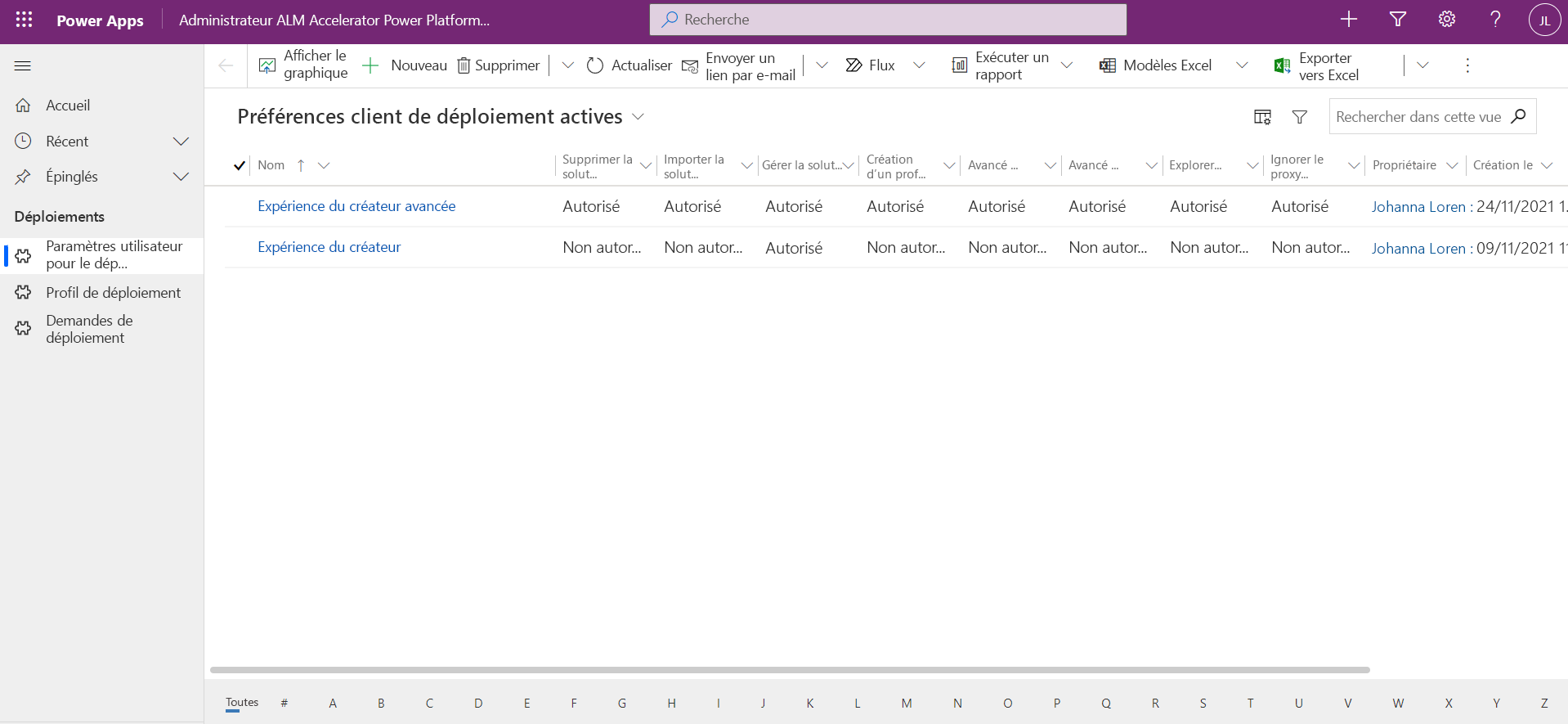 Capture d’écran de l’application d’administration ALM Accelerator.