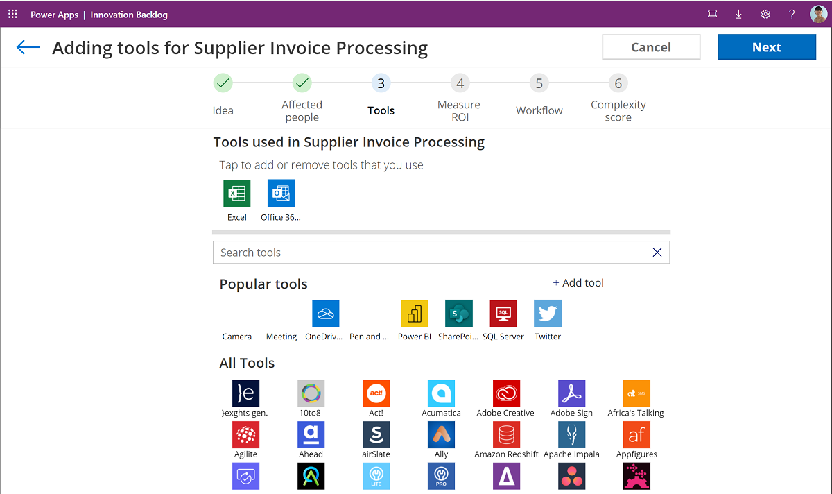 Sélectionnez les outils utilisés pour le processus en cours.