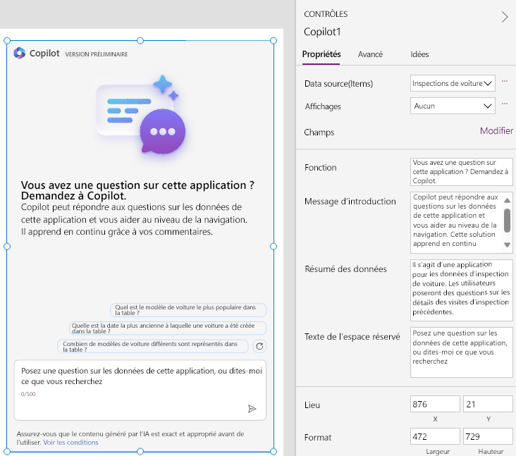 Capture d’écran de Power Apps montrant un Copilot ajouté à une application canevas.