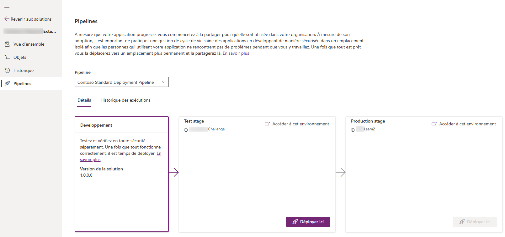 Capture d’écran d’un pipeline Dev/Test/Production dans Power Apps.