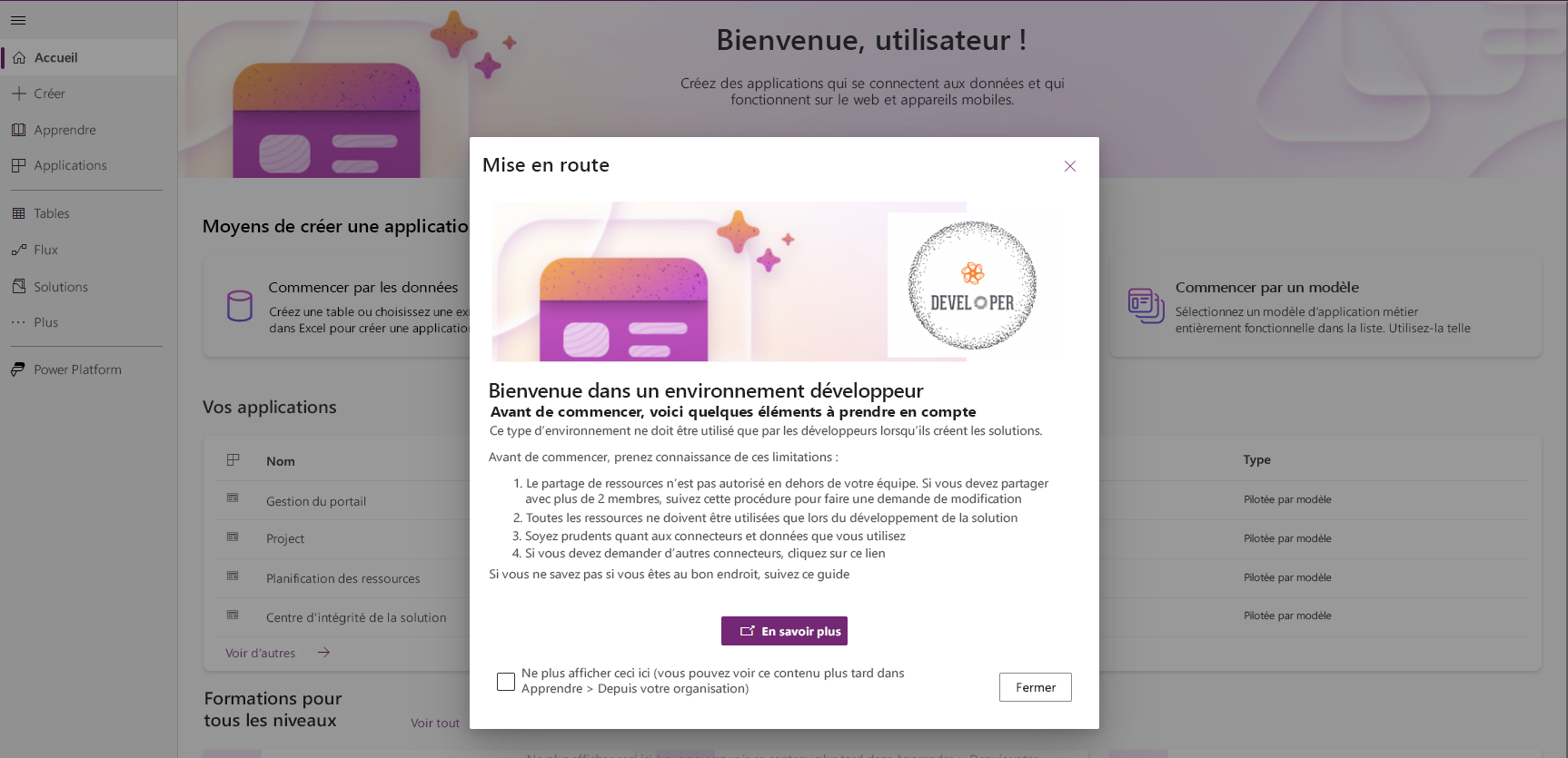 Capture d’écran du message de bienvenue pour un environnement de développeur créé par le troisième exemple.