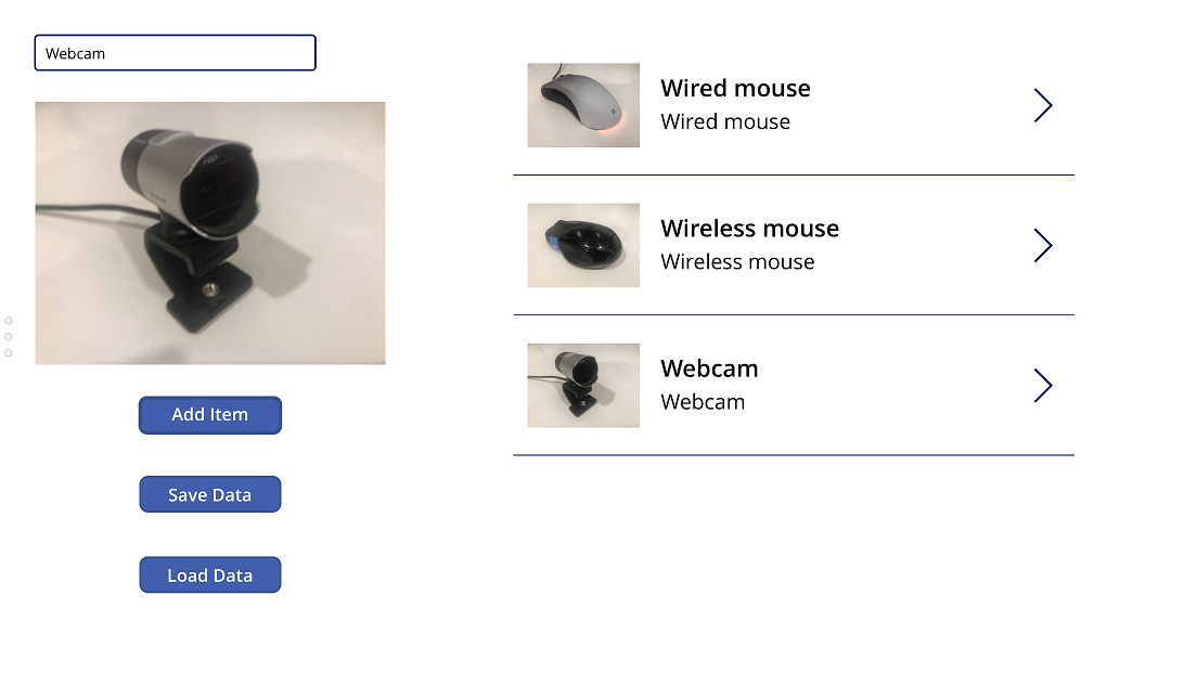 Application en cours d’exécution avec trois éléments ajoutés.