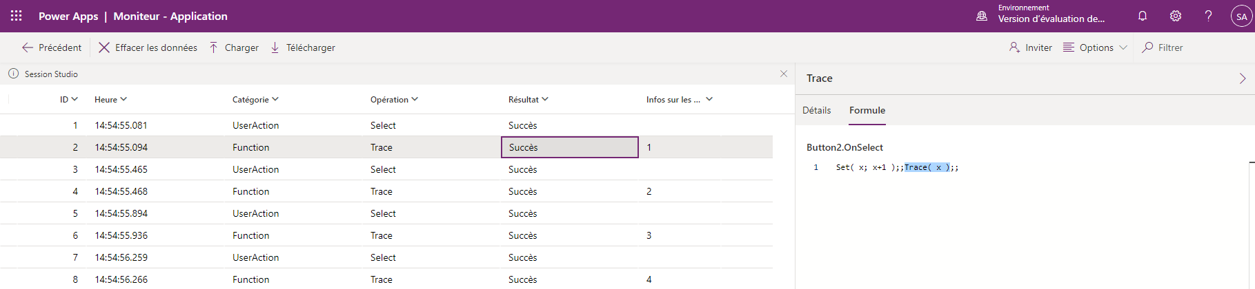 trace de moniteur montrant l’appui sur un bouton quatre fois et les incréments correspondants d’une variable