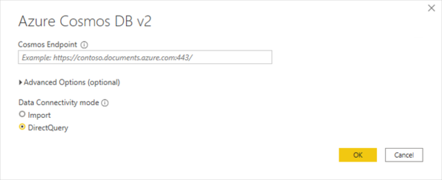 Capture d’écran de la zone de dialogue connexion montrant l’entrée de point de terminaison Cosmos et le mode de connectivité des données réglé sur DirectQuery.