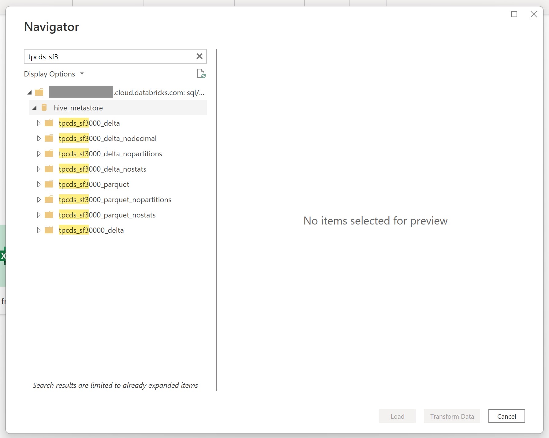 Image du navigateur Power Query chargeant des données Databricks Cloud dans l'application de bureau.