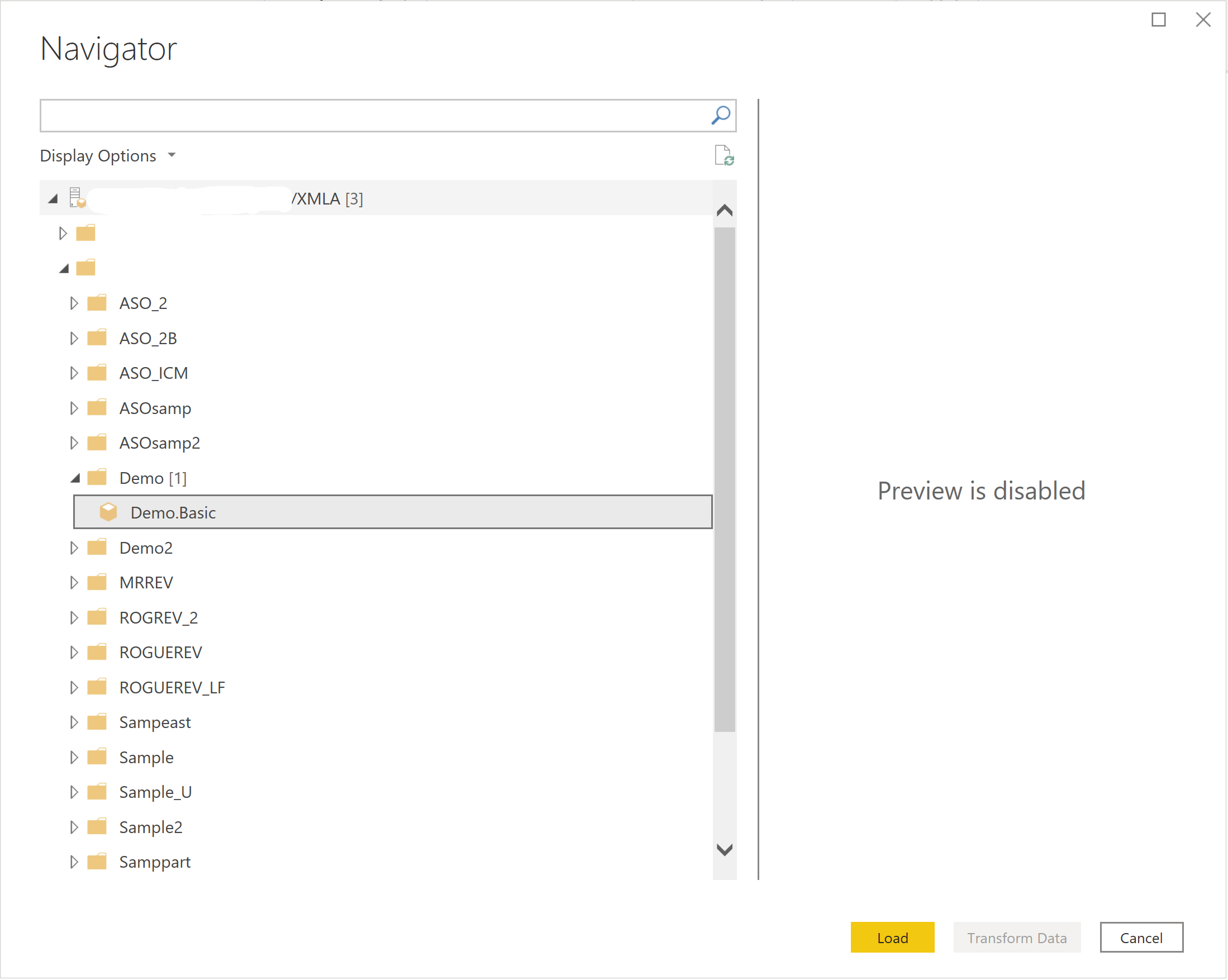 Sélections du navigateur de données Essbase Direct Query.