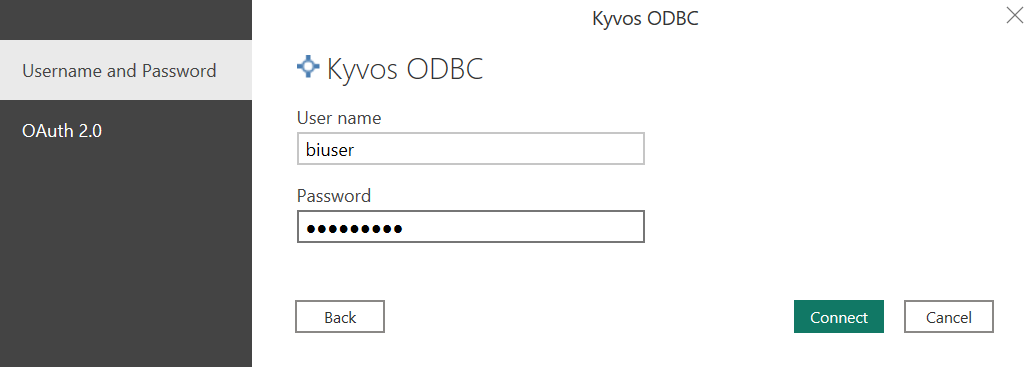 Capture d’écran du nom d’utilisateur et du mot de passe, montrant la sélection du connecteur ODBC Kyvos.