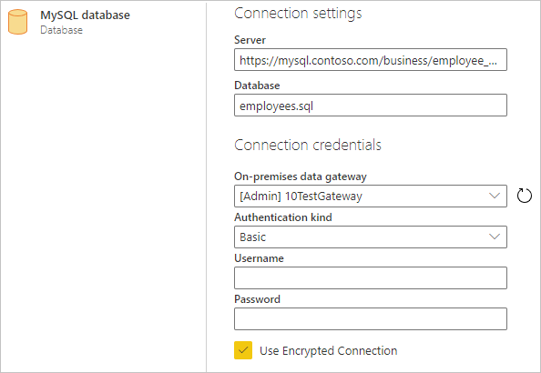 Capture d’écran de la boîte de dialogue Paramètres de connexion avec des exemples d’entrées de serveur et de base de données renseignés.