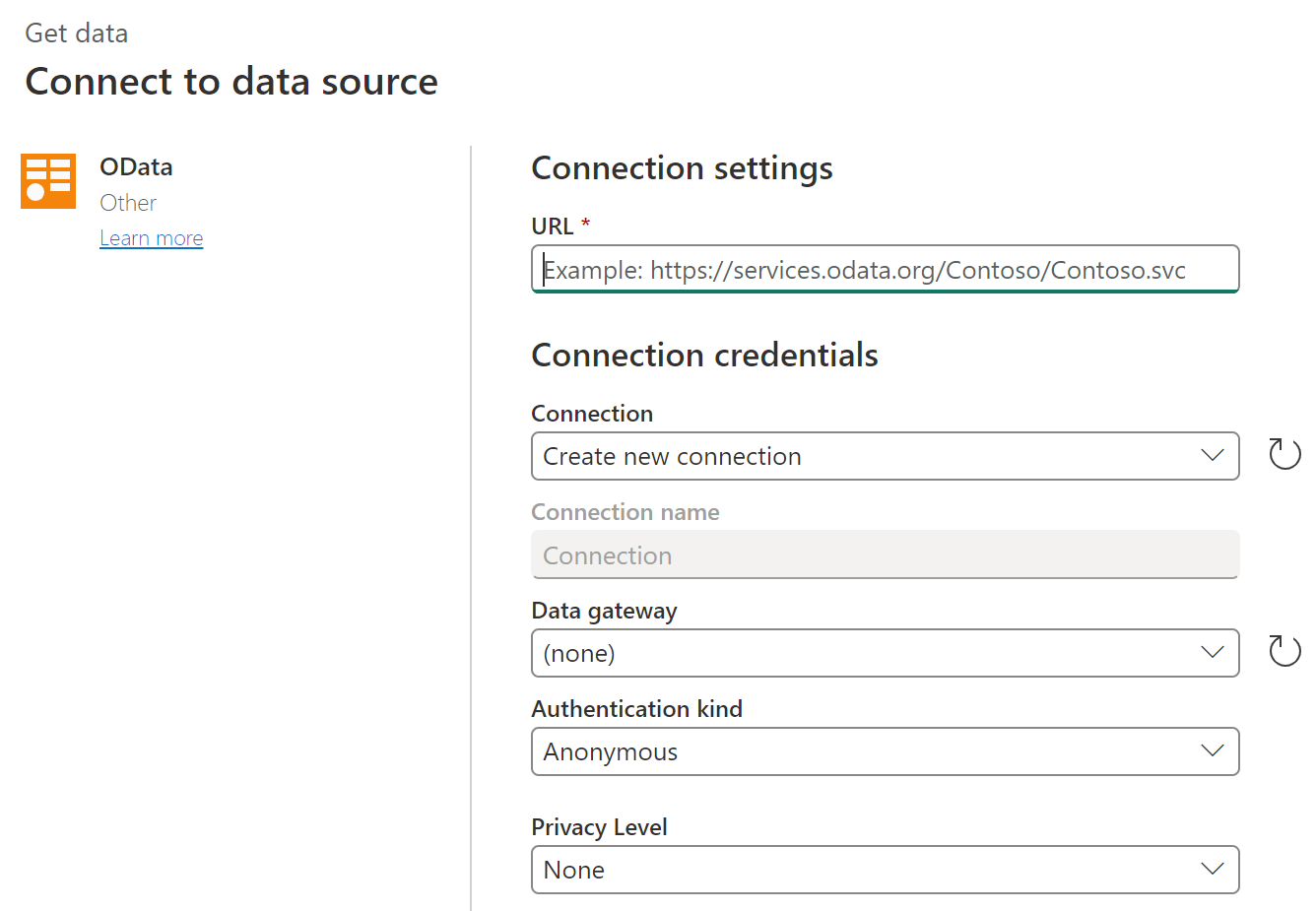 Capture d'écran de la page de connexion à OData en ligne.