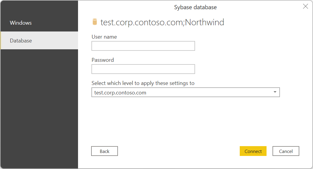 Saisissez vos informations d'identification de base de données Sybase.