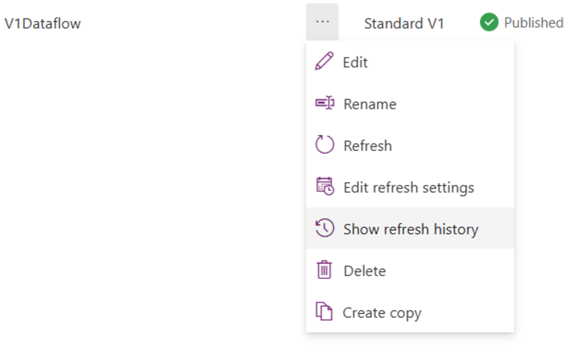 Capture d’écran du menu points de suspension du flux de données v2 publié avec l’historique d’actualisation mis en évidence.