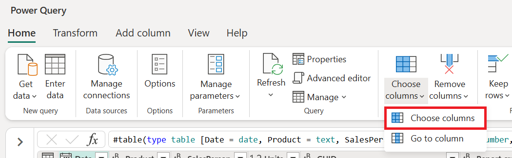 Capture d'écran du ruban de l'onglet Accueil de Power Query avec l'option Choisir des colonnes mise en évidence.