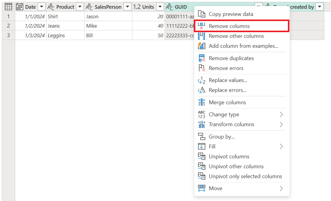 Capture d'écran du menu contextuel des colonnes de la table avec l'option Supprimer les colonnes mises en évidences.