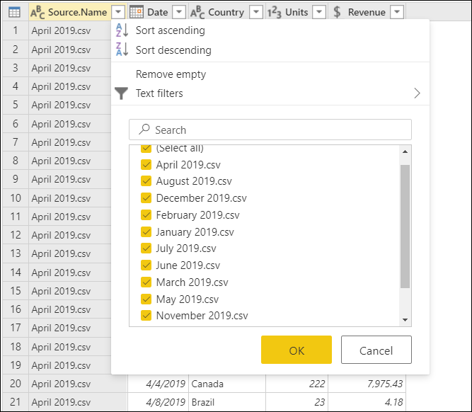 Capture d’écran de la boîte de dialogue de filtre avec la liste complète des fichiers combinés.