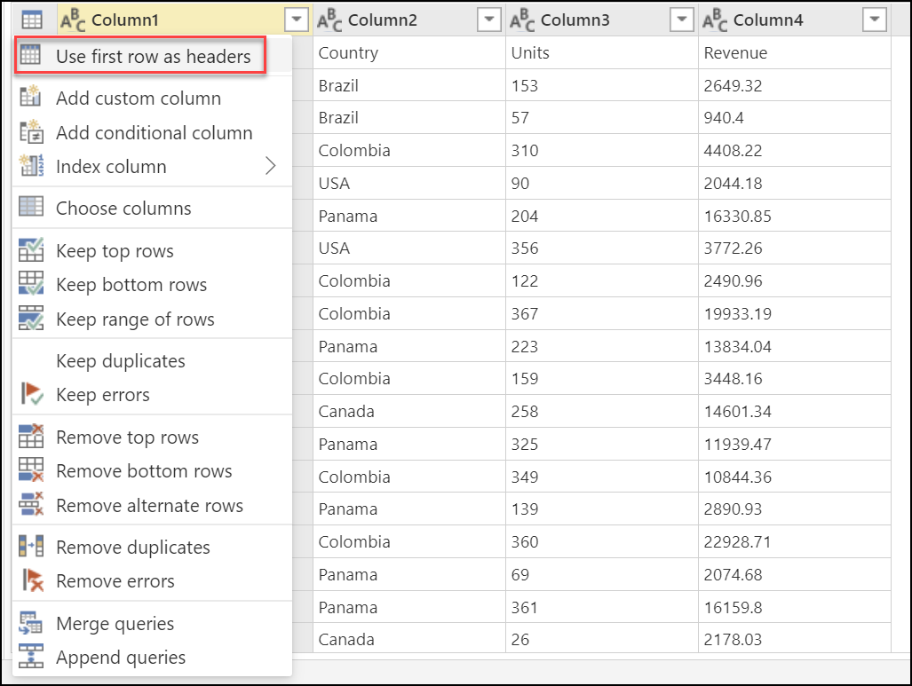 Capture d’écran du menu icône de tableau avec l’option Utiliser la première ligne comme option d’en-têtes mise en évidence.