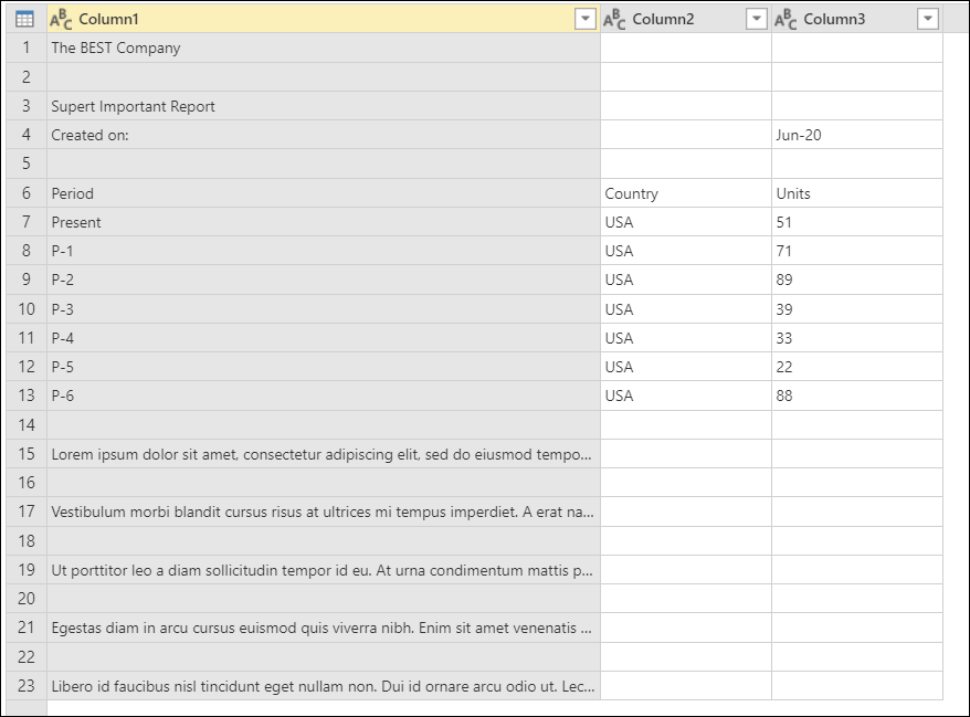 Exemple de table initiale pour l’opération Conserver une plage de lignes.