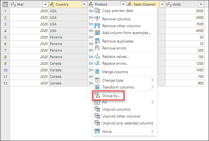 Capture d’écran d’une table avec l’option Grouper par mise en évidence dans le menu contextuel.