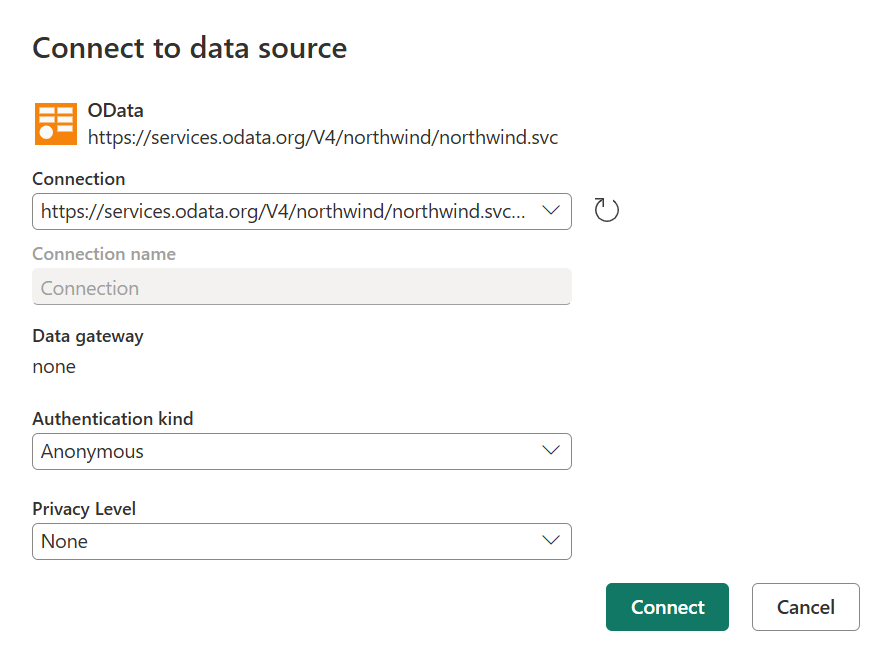 Capture d’écran de la boîte de dialogue Se connecter à la source de données dans laquelle vous ajoutez les informations nécessaires pour établir la connexion.