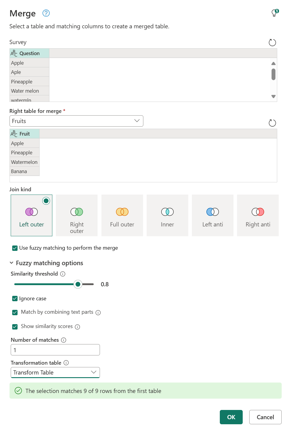 Capture d’écran de la zone de dialogue Fusionner avec le nombre de correspondances définies sur 1 et la table Transformation définie sur Transformer la table.