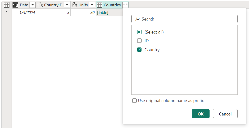 Capture d’écran des options de table développées avec la colonne Country sélectionnée.