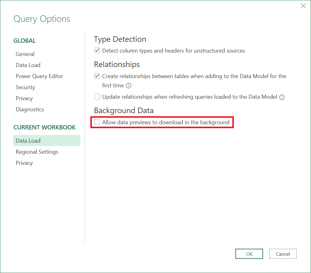 Image montrant les options de requête dans Excel avec l’analyse en arrière-plan désactivée.