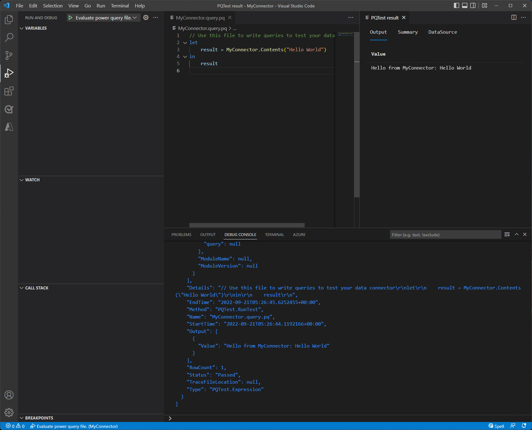 Fenêtre Visual Studio Code après la finalisation de l’évaluation montrant la sortie dans la console et le volet de résultats.