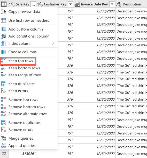 Option Conserver les lignes supérieures dans le menu contextuel de la table.