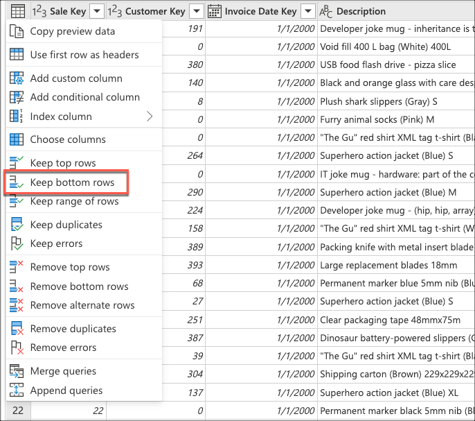 Sélectionnez l'option Conserver les lignes inférieurs dans le menu contextuel de la table.