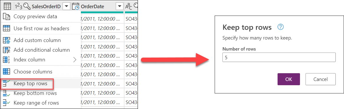 Dans le menu contextuel de la table, sélectionner la transformation Conserver les lignes du haut pour ne conserver que les cinq premières lignes.