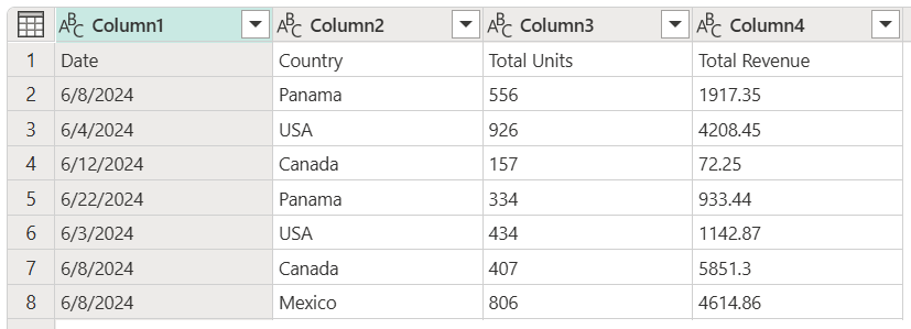 Capture d'écran de l’exemple de table avec les en-têtes de colonne dans la première ligne, puis sept lignes de données.