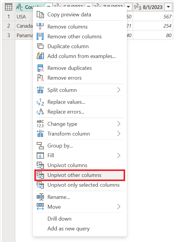 Capture d’écran du tableau avec le menu contextuel de la colonne Pays sélectionné et la commande Supprimer le tableau croisé dynamique d’autres colonnes dans le menu est mise en évidence.