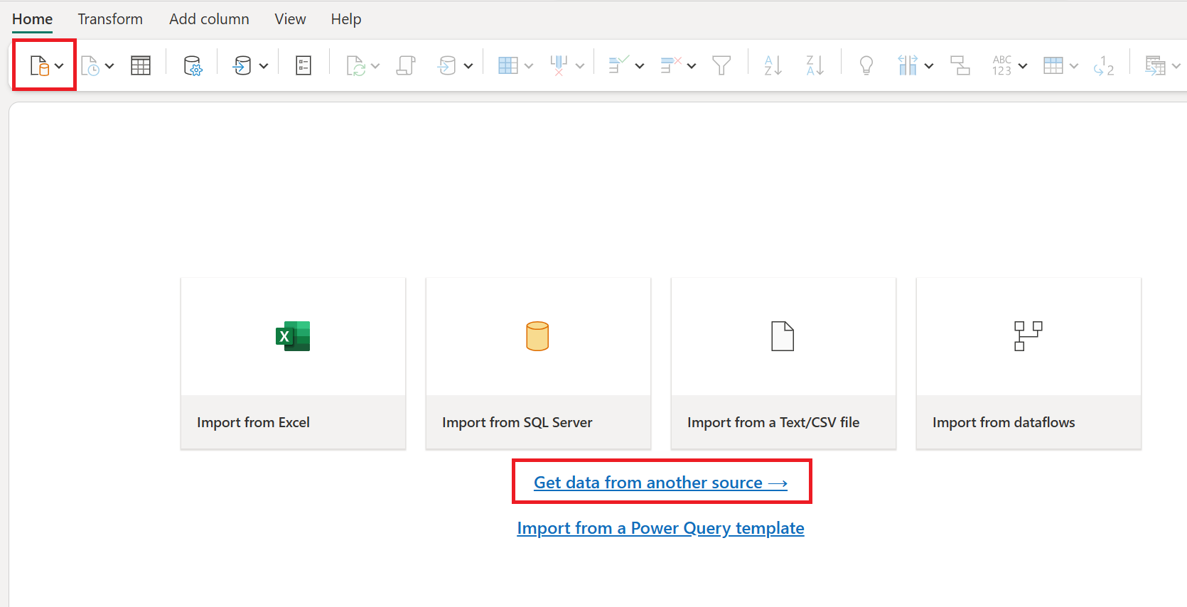 Capture d'écran montrant l'espace de travail Power Query avec l'option Obtenir les données en surbrillance.